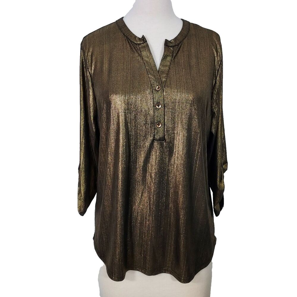 Chances R Shirt Top Black Gold Shimmer Women Size XL Stretch 3/4 Roll Sleeve Tab